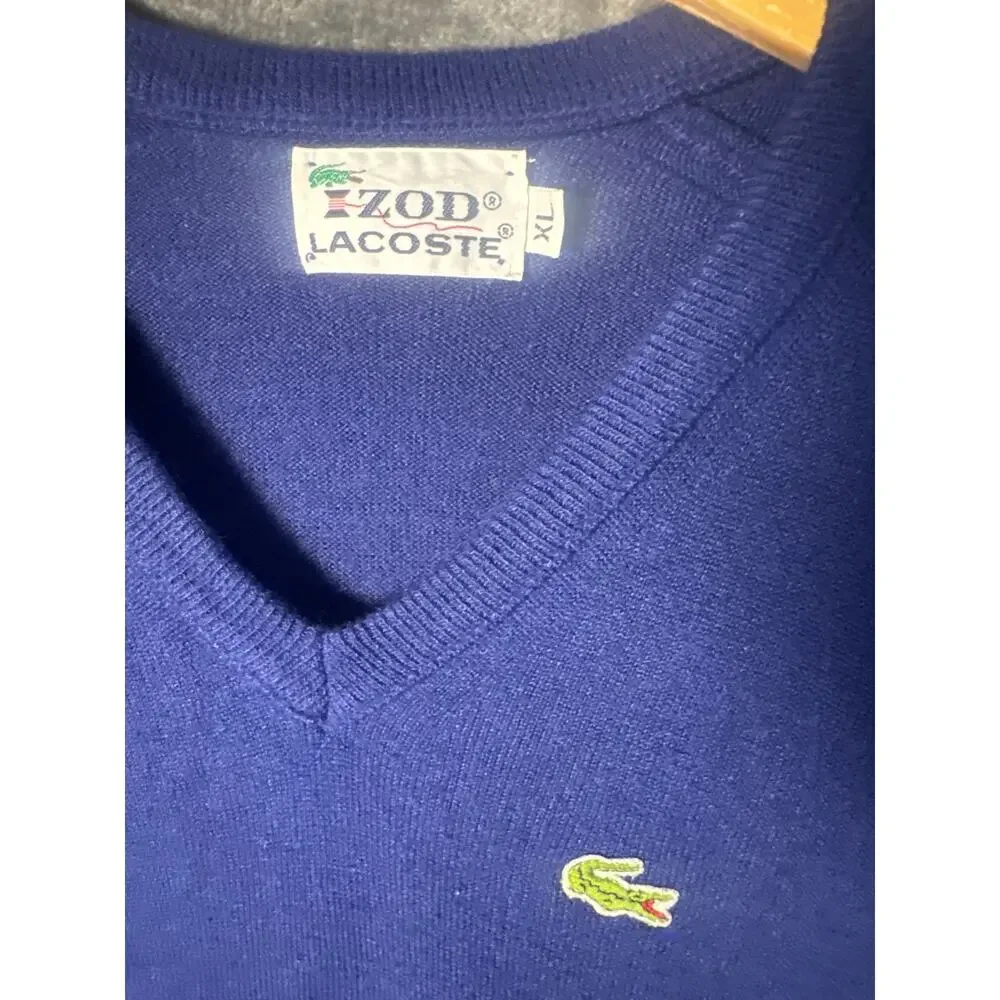 VTG 80s Izod Lacoste V-Neck Sweater Mens XL Blue Knit/Green Crocodile USA!